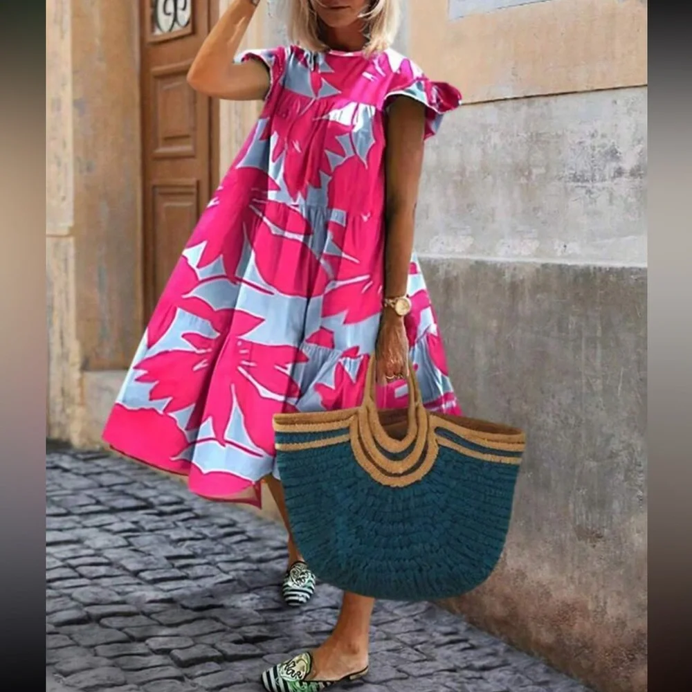 Boho floral tropical print ruffle hem vacation dress